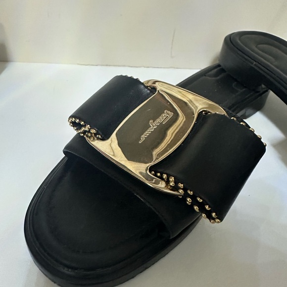 Salvatore Ferragamo Black Sandals with Gold Detail - Picture 1 of 10